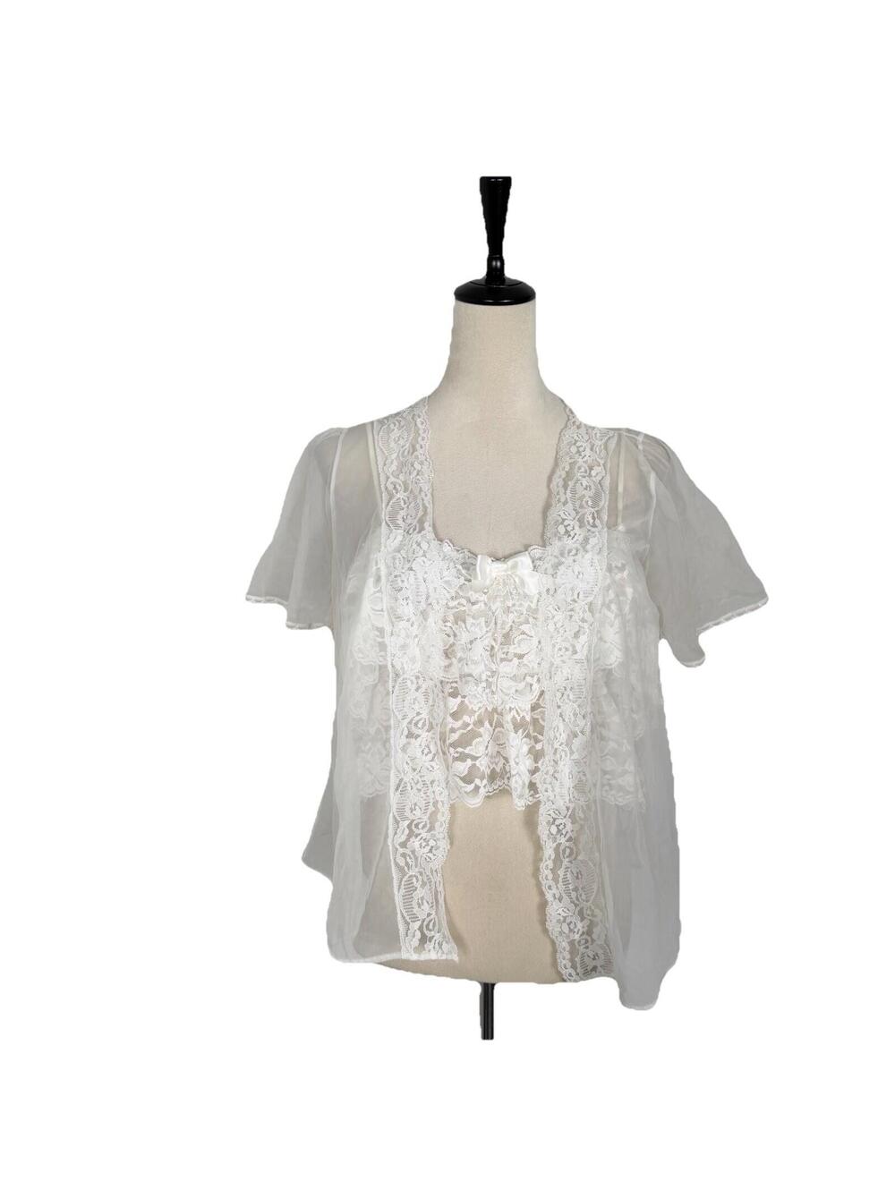 Vintage 90s FREDERICK'S OF HOLLYWOOD SHEER WHITE CHIFFON Lingerie Top Set M/L